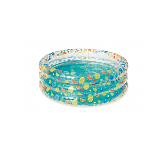 Piscina inflável transparente com 150 cm de diâmetro e 53 cm de altura.