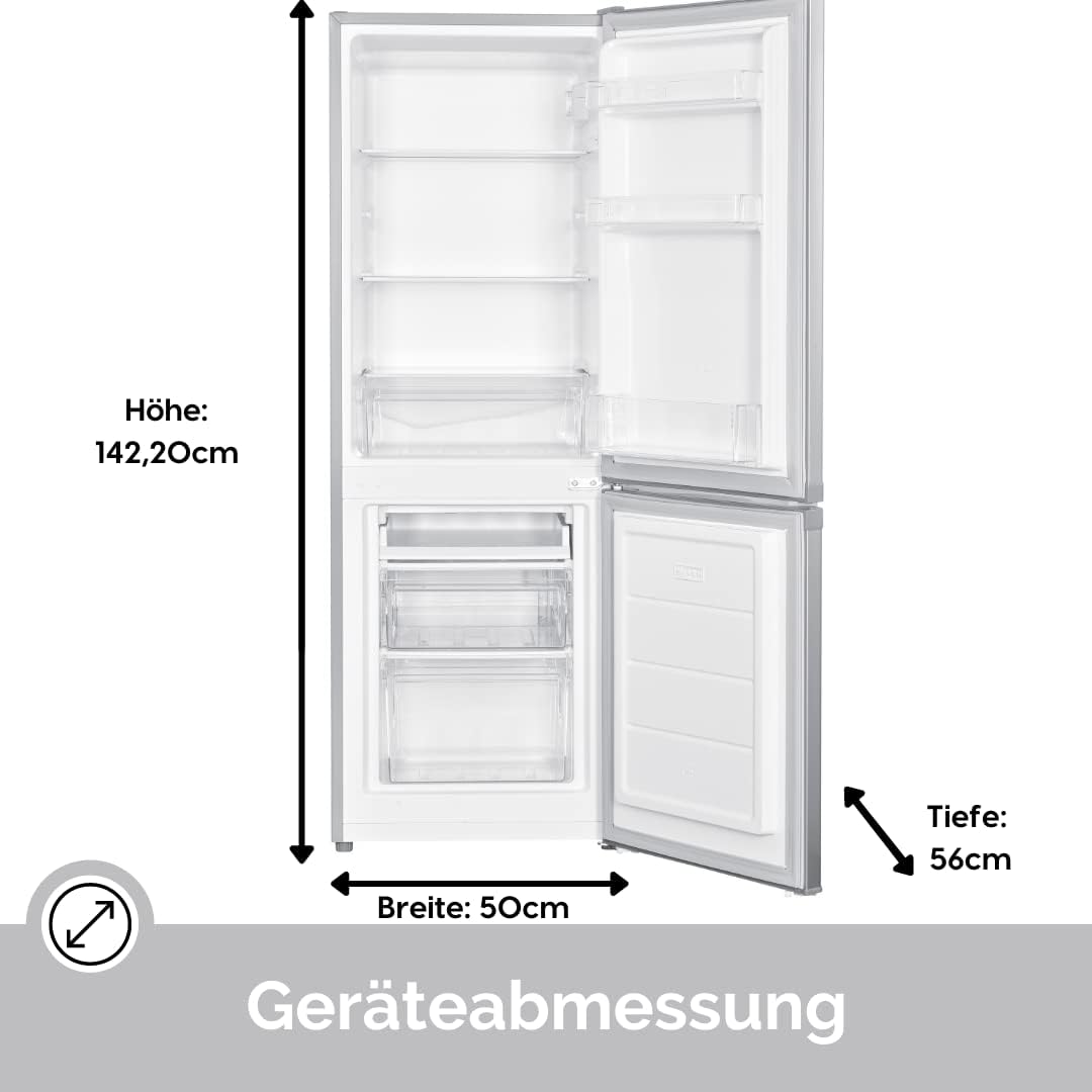 PKM Kühl-Gefrierkombination KG173IX-M Silber | 173 Liter Nutzinhalt | Wechselbarer Türanschlag | Integrierte Griffe | Nur 40 dB | LED-Beleuchtung | Energieeffizenzklasse D