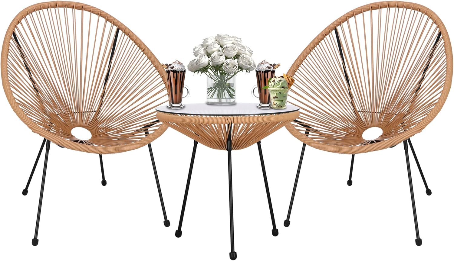 SPRINGOS Acapulco Gartenstühle 2er-Set inkl. Glastisch wetterfest Rattan Lounge Gartenmöbel Set Balkonstuhl rundes Design Terrasse Outdoor Loungechair