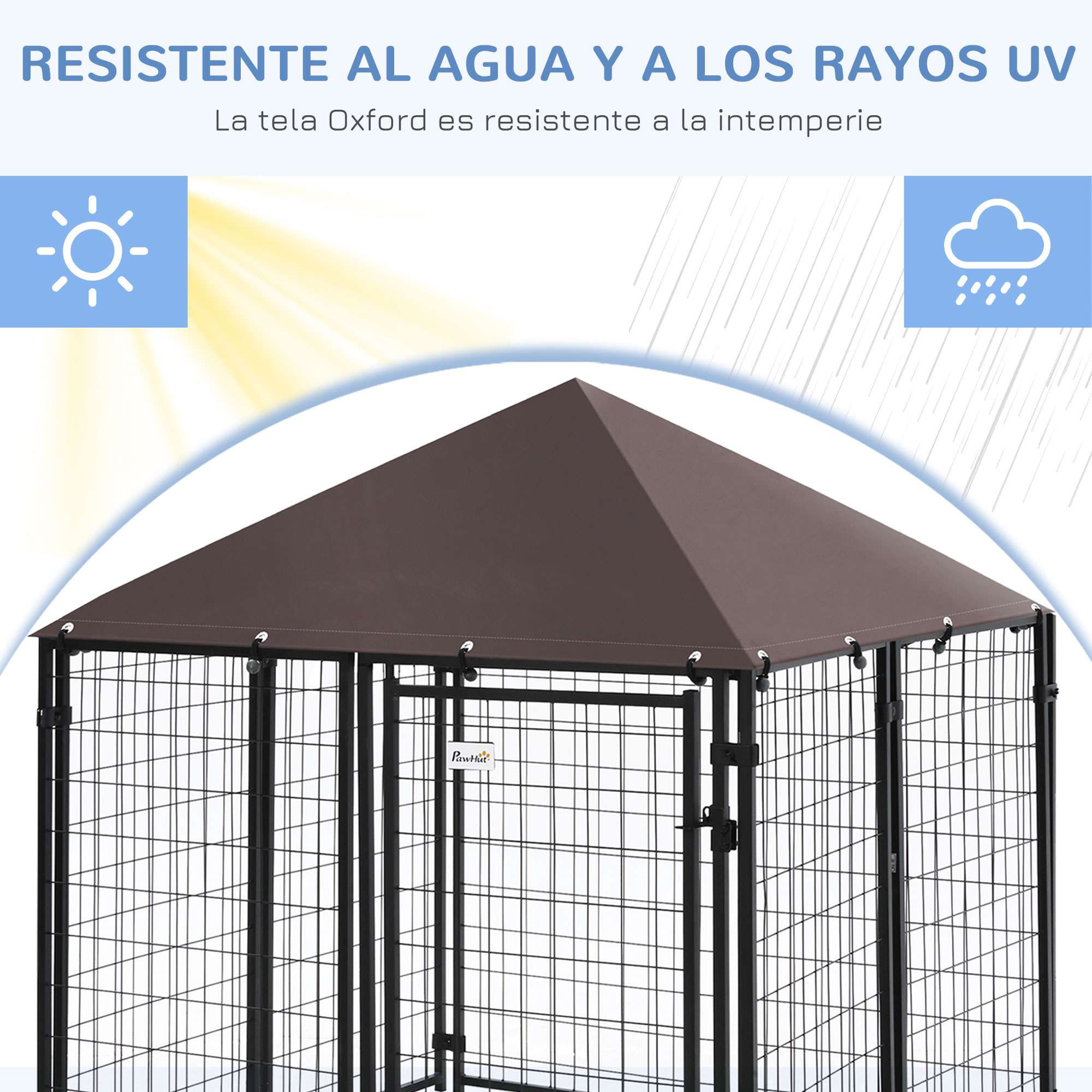 Canil externo PawHut com cobertura, 141x141x153 cm, parque para cães com tela metálica e porta com trava, ideal para terraço, varanda ou pátio. Cor: Preto.