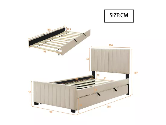 Lit gigogne 90x190 lit simple plat en velours doux pour la peau lit enfant Beige