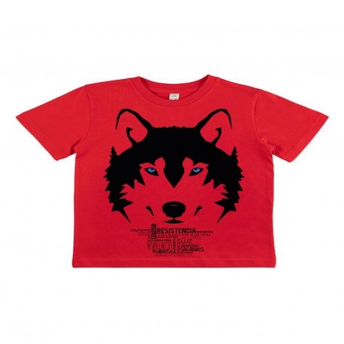 Camiseta infantil de manga curta com estampa de lobo vermelho, algodão orgânico.