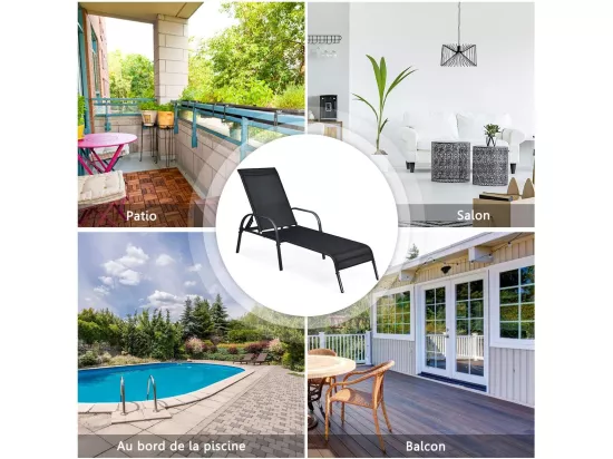 Chaise Longue de Jardin, Bain de Soleil Inclinable avec Dossier Réglable sur 5 Positions Transat de Relation avec Accoudoirs pour Plage, Jardin, Balcon, Piscine