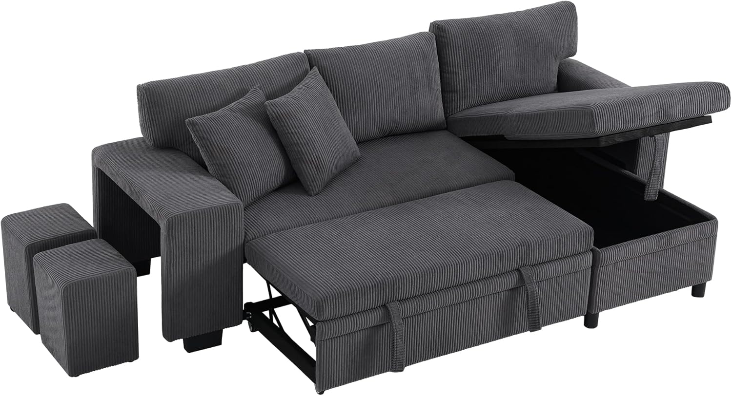 Klappsofa mit Schlaffunktion, L-förmiges umbaubares Ecksofa mit USB-Ladeanschluss und Kissen, 3-Sitzer-Umbausofa mit Seitenablagen und Stauraum (Grau)