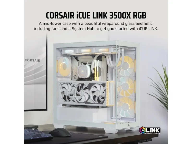 CORSAIR iCUE LINK 3500X RGB - Mid tower - udvidet ATX - sidepanel med vindue (hærdet glas) - ingen strømforsyning (ATX) - hvid - USB/Lyd
