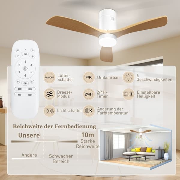 Takvifte med belysning og fjernkontroll 117 cm LED-lampe med vifte, 3 blader, vendbar DC-motor, 3 lysfarger, 6 hastigheter, timer for soverom |