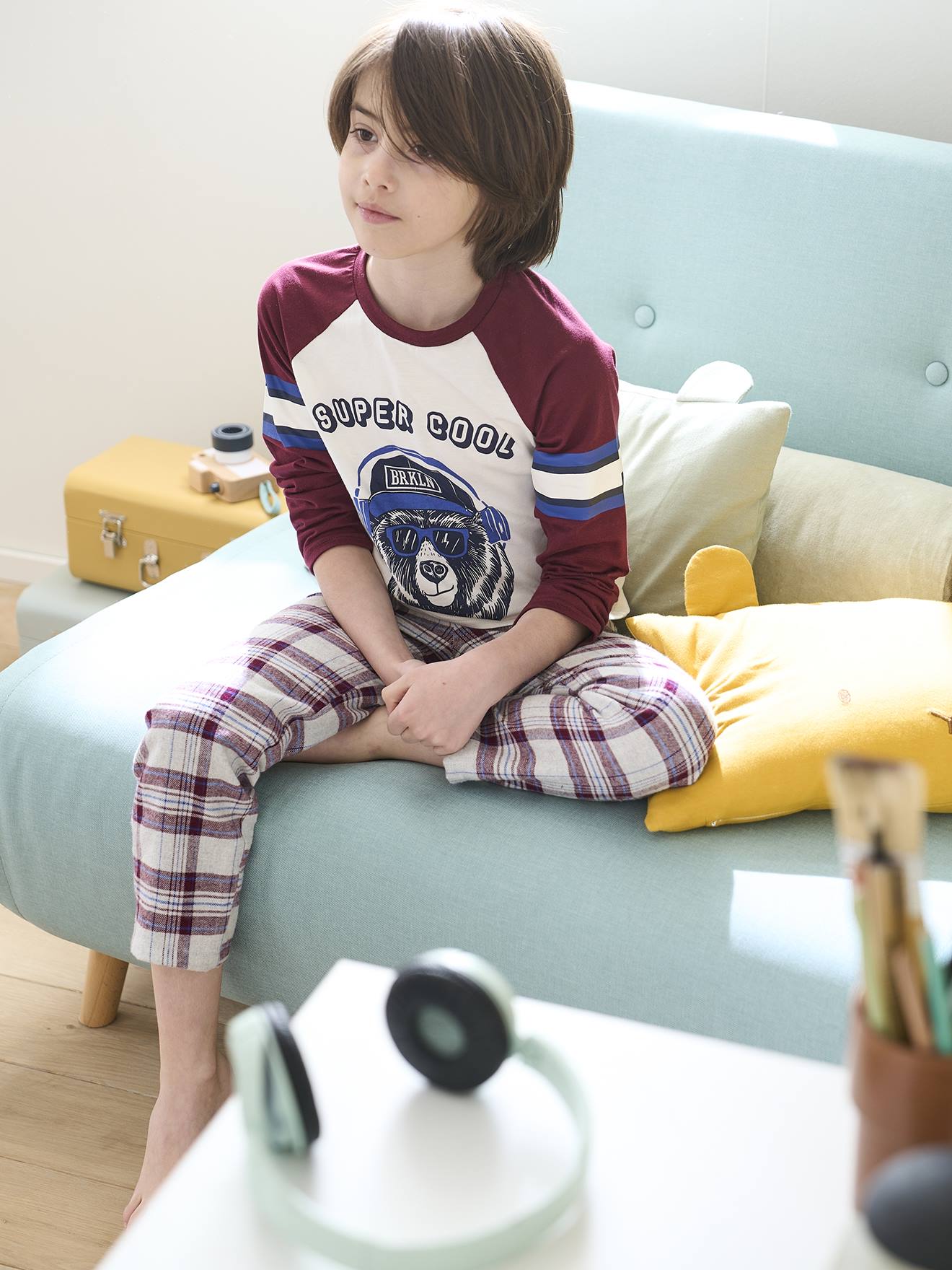 Pijama de flanela bordô super estiloso com estampa de urso para meninos