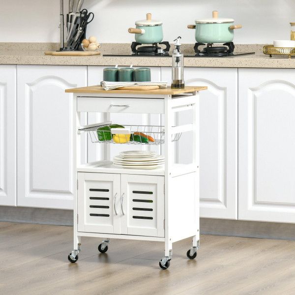 Homcom Carrinho de Cozinha com Rodas Carro de Armazenamento Multiúso com Bancada de Bambu Gaveta Cesta Metálica e Armário de 2 Portas de Persiana 58x37x83cm Branco