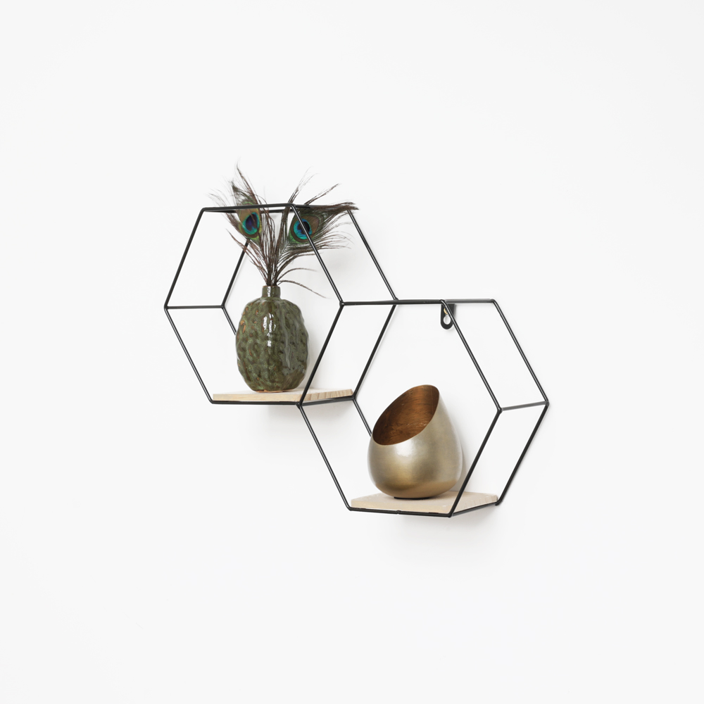 Etagère murale double hexagonale en métal - 30,5x41 cm - noir