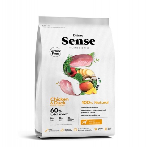 Ração Dibaq Sense sem grãos para cães, sabor frango e pato.
