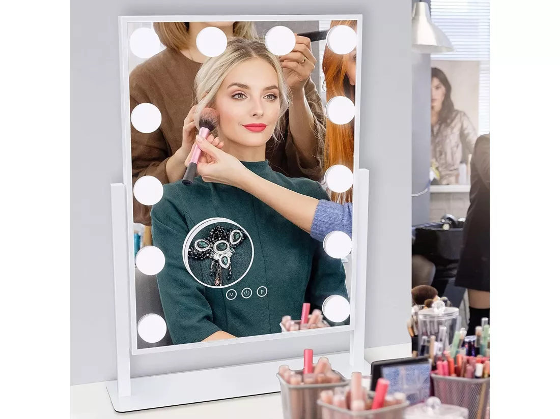 Miroir Maquillage Lumineux 30x41cm,Miroir LED 12 Lumières Miroir Hollywood Rotation à 360° Miroir Coiffeuse Contrôle Tactile,Blanc