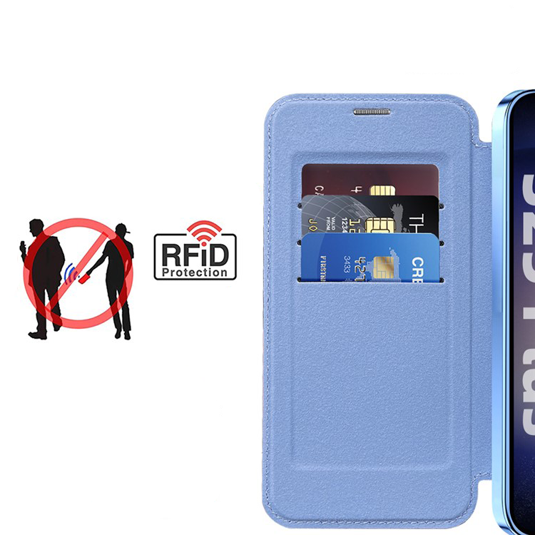 Samsung Galaxy S25 Hybrid Leder Tasche   Kunststoff Rückseite MagSafe-Modul mit Steppmuster (RFID Schutz) - Blau / Transparent