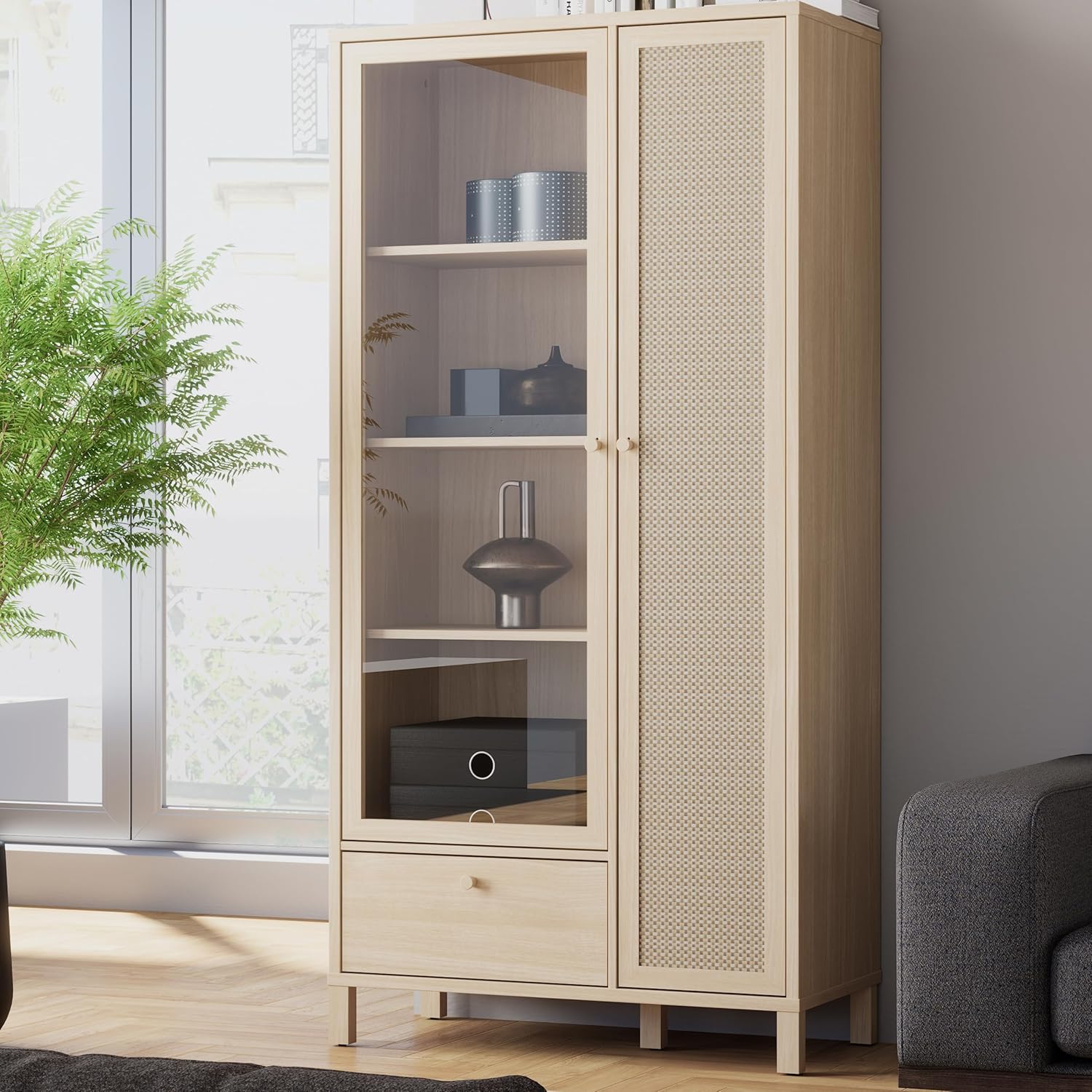 Forte SKELBIT Vitrine 90, Vitrinenschrank im Boho-Stil, 2-türig, 1 Schublade, Holzwerkstoff, Wohnzimmer, Elegancia Eiche Holzdekor|Technorattan, 86,3 cm breit x 175,3 cm hoch x 42 cm tief
