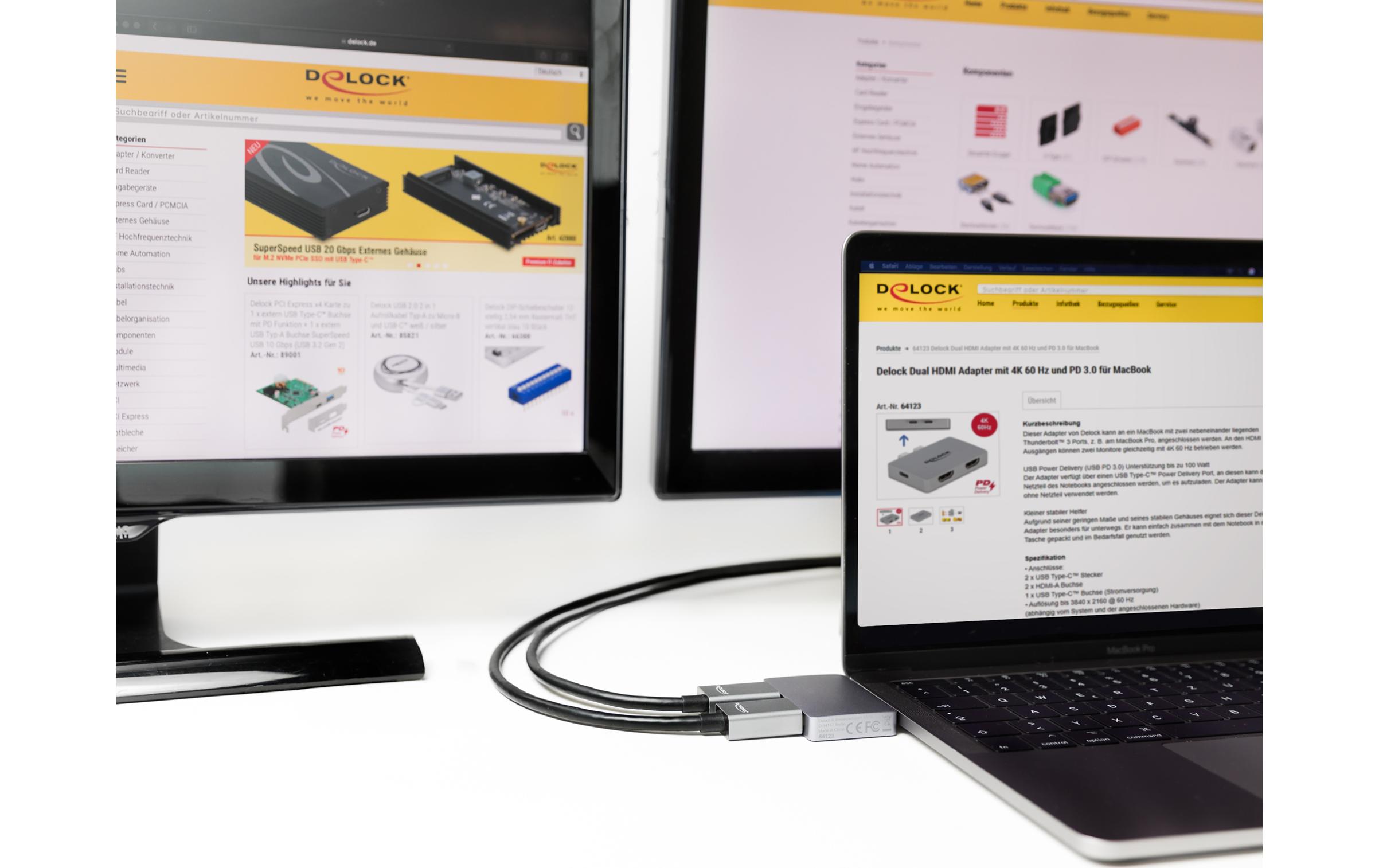Adapter Thunderbolt 3 - HDMI/USB Type-CDelock Dual HDMI Adapter mit 4K 60 Hz und PD 3.0 für MacBook