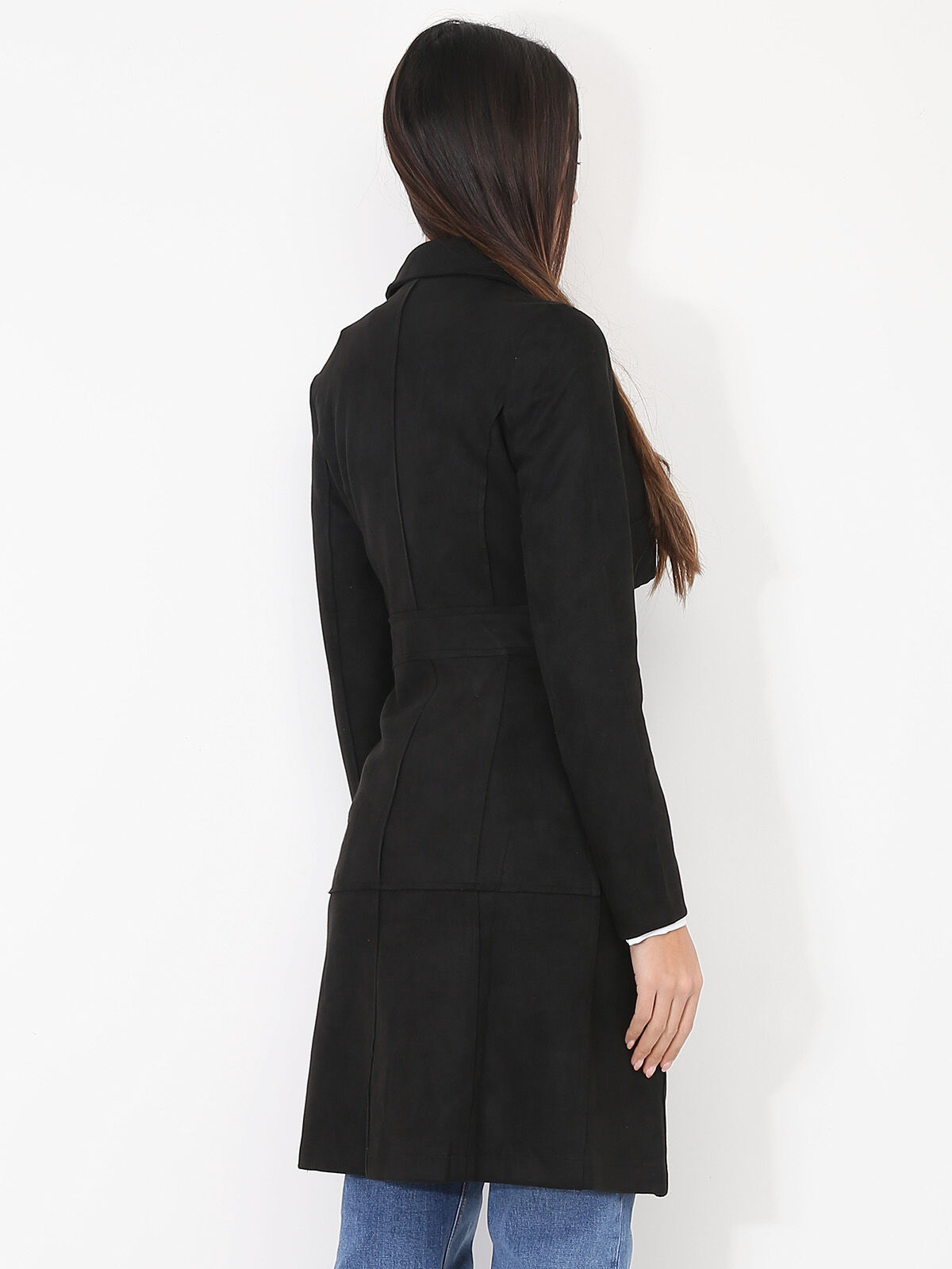 Veste longue ceinturée en suédine- Noir