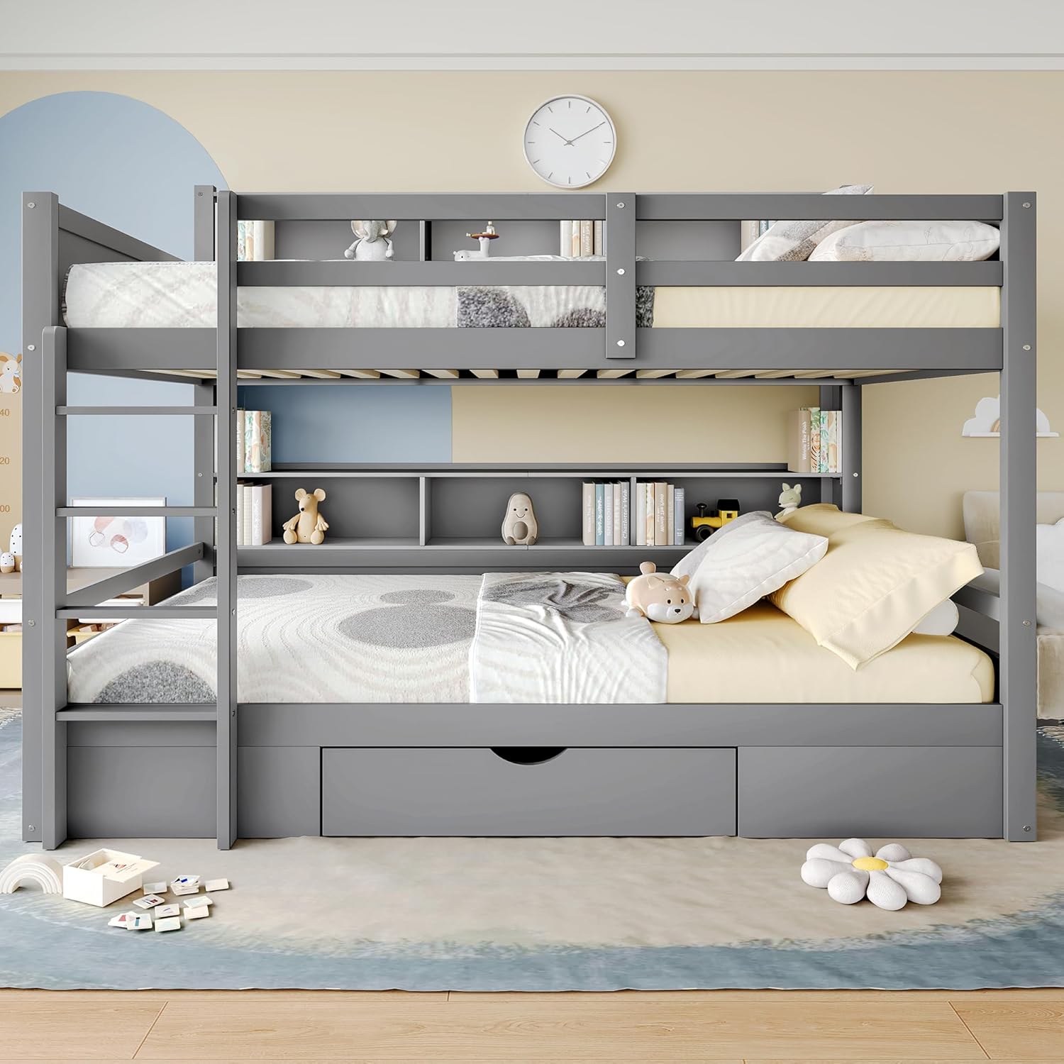 Etagenbetten 90x200cm, Kinderbetten aus Holzbett, Etagenbettrahmen mit Lattenrost, Schubladen und Staufächern für Erwachsene Jugendbett (Grau, 90 x 200cm)