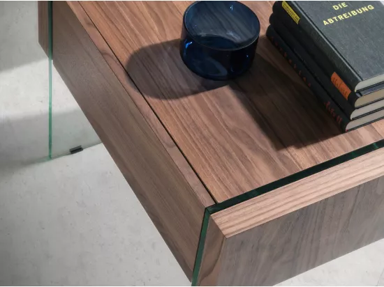 Meuble d'appoint 1 tiroir bois noyer et pieds verre trempé Roka