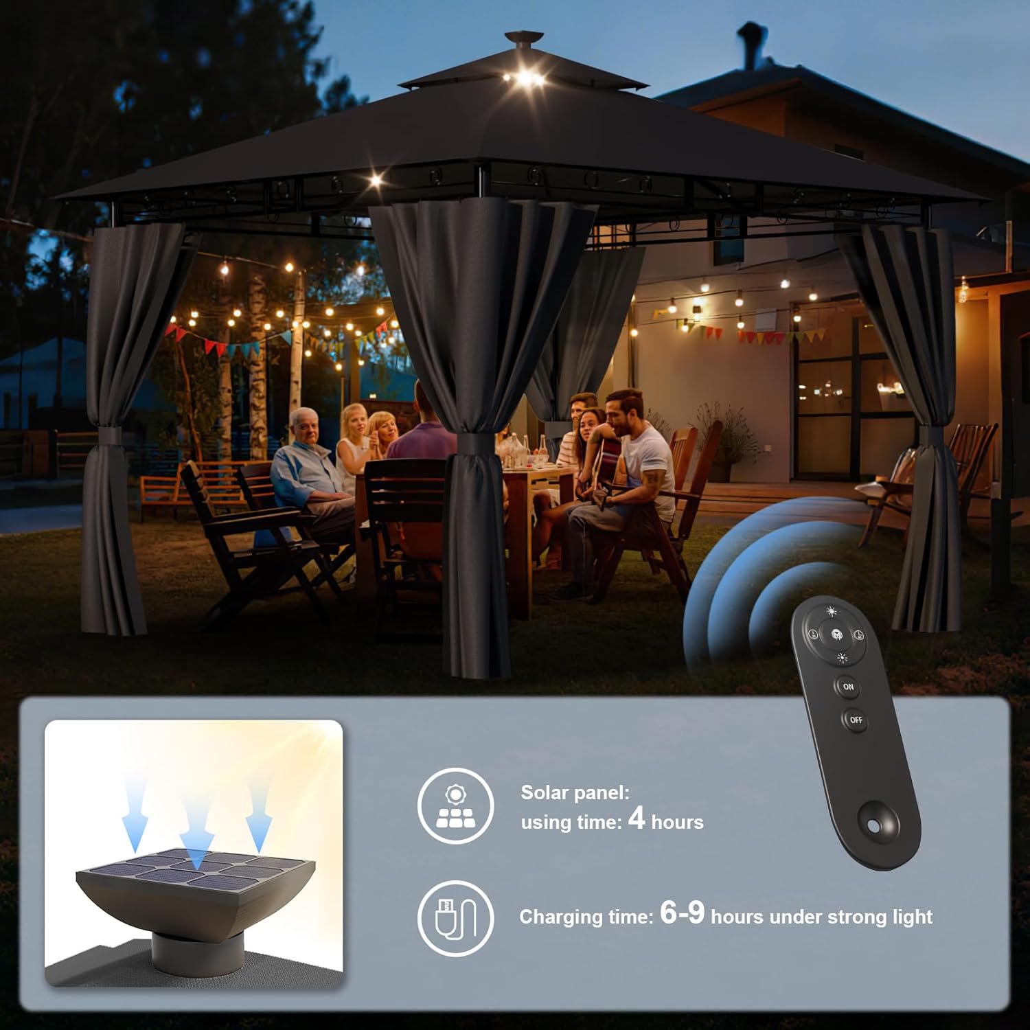 Pavillon 3x3 Wasserdicht Stabil Winterfest, Garten Pavillion mit seitenwänden, UV-Schutz 50+, Plane Gartenlaube, Metallrahmen Pavillon, Patio Gazebo, Grau