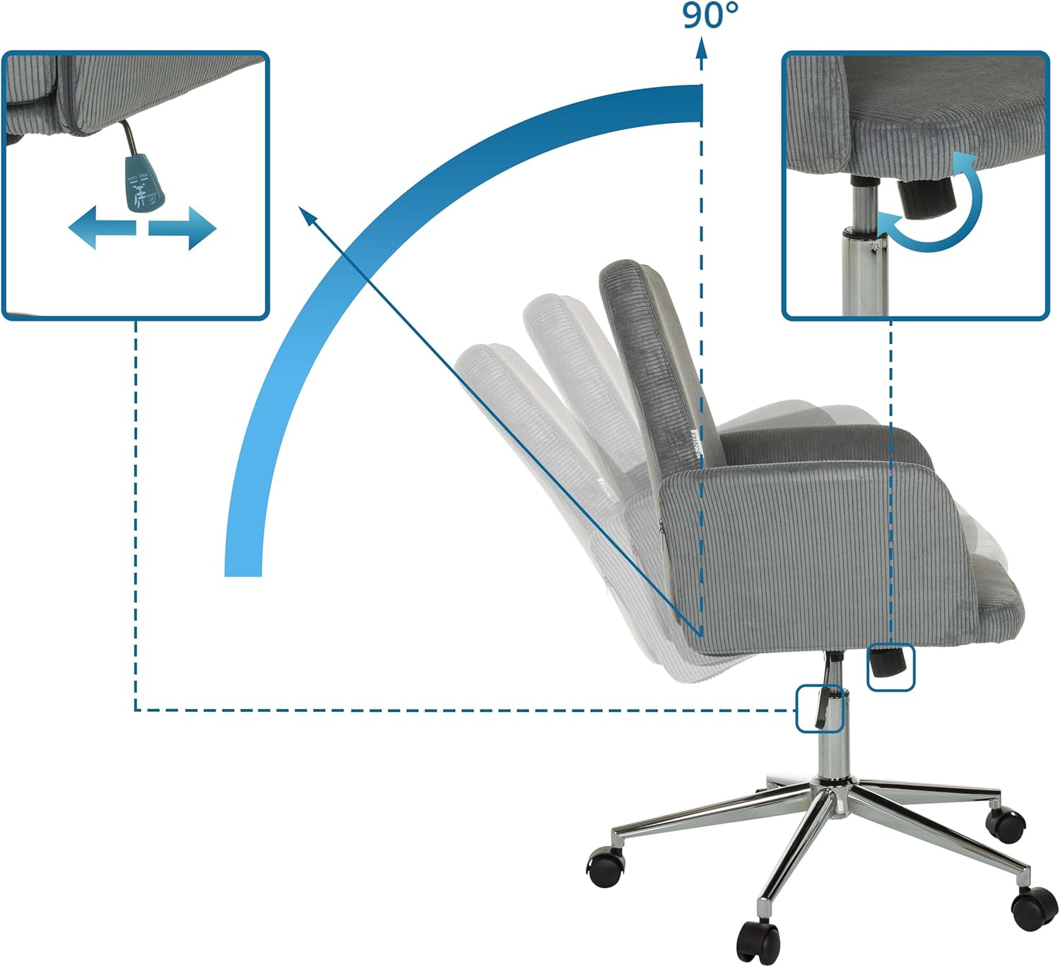 hjh OFFICE Homeoffice Stuhl gepolstert mit Cord-Optik SOLAO Cord Schreibtischstuhl Drehstuhl mit Rollen höhenverstellbar, Grau