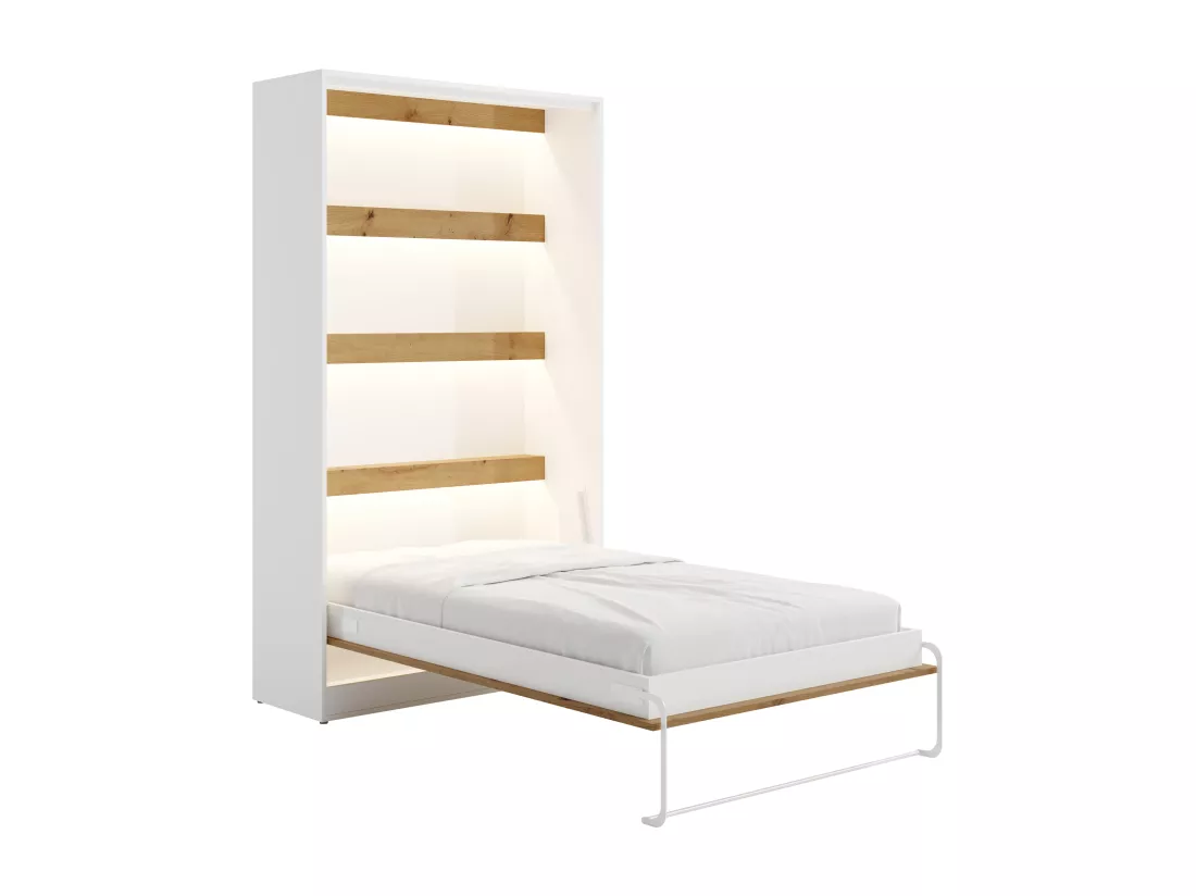 Lit escamotable 120 x 200 cm - Ouverture verticale manuelle - Avec LEDs - Blanc et naturel + Matelas - RAPILI