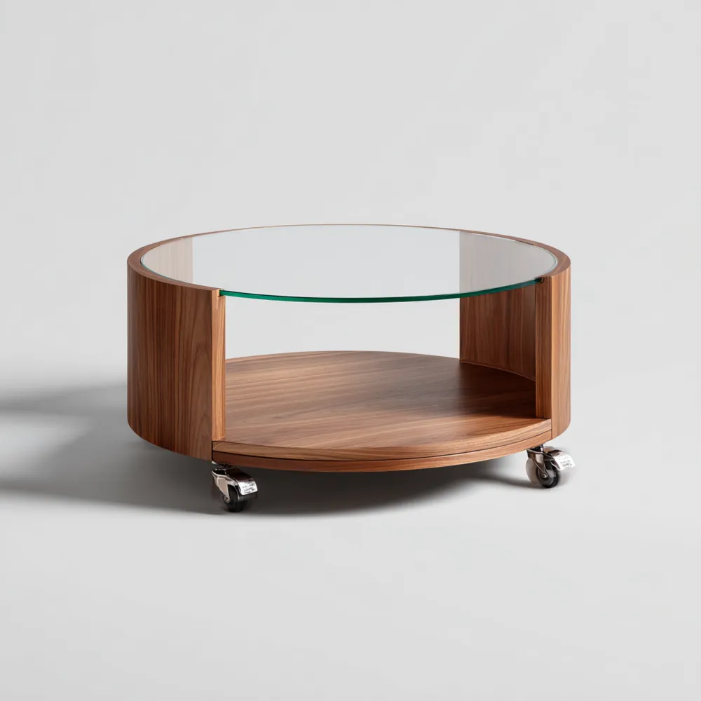 Runder Couchtisch 80x80x40 cm Glasplatte Holzoptik auf Rollen - Modern