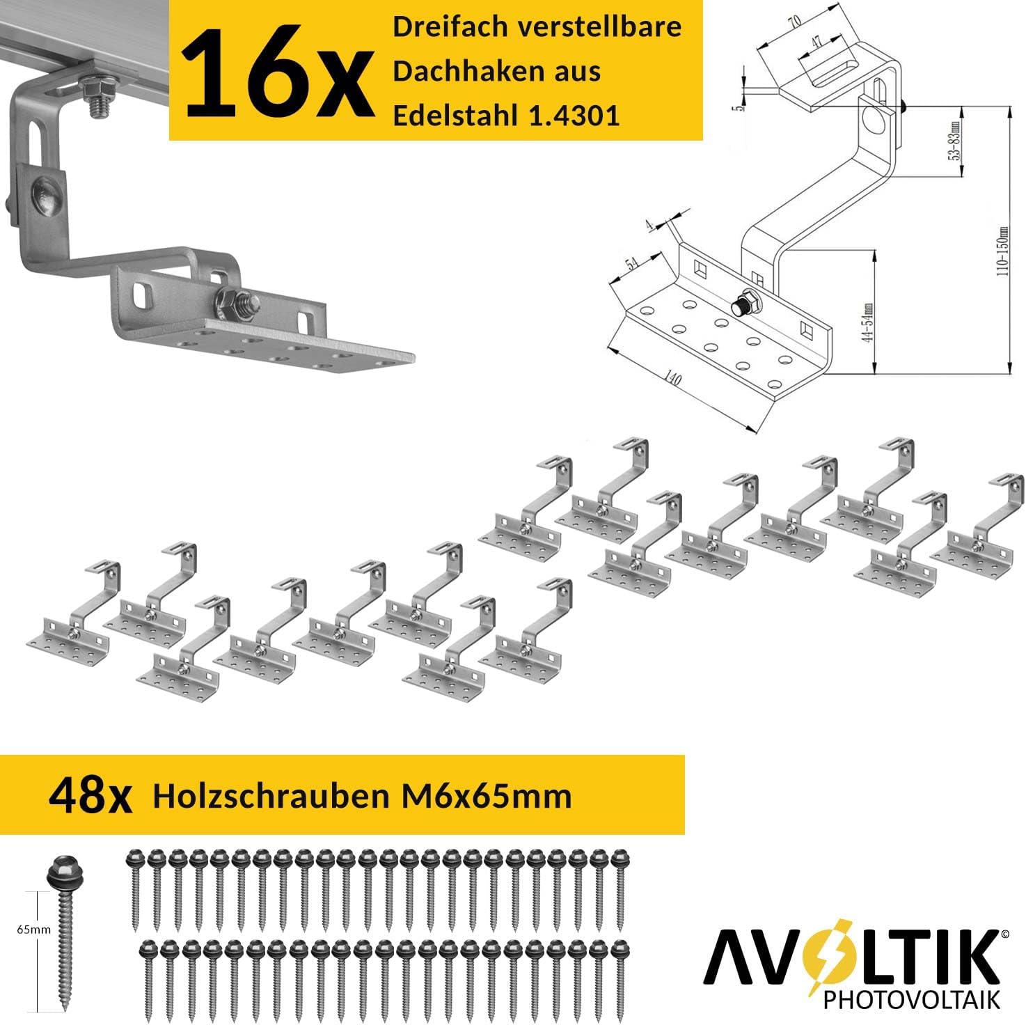 Solar Halterung Ziegeldach I Set für 4 PV Module 30-45mm I Solarmodul Halterung Balkonkraftwerk I Solarmodulbefestigungsset für Ziegeldächer aus Edelstahl 1.4301 I PV-Halterung Montageset