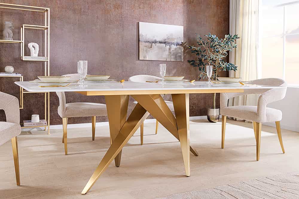 Design Esstisch ART LIVING 200cm weiß Marmor Keramik Metall brushed champagner gold