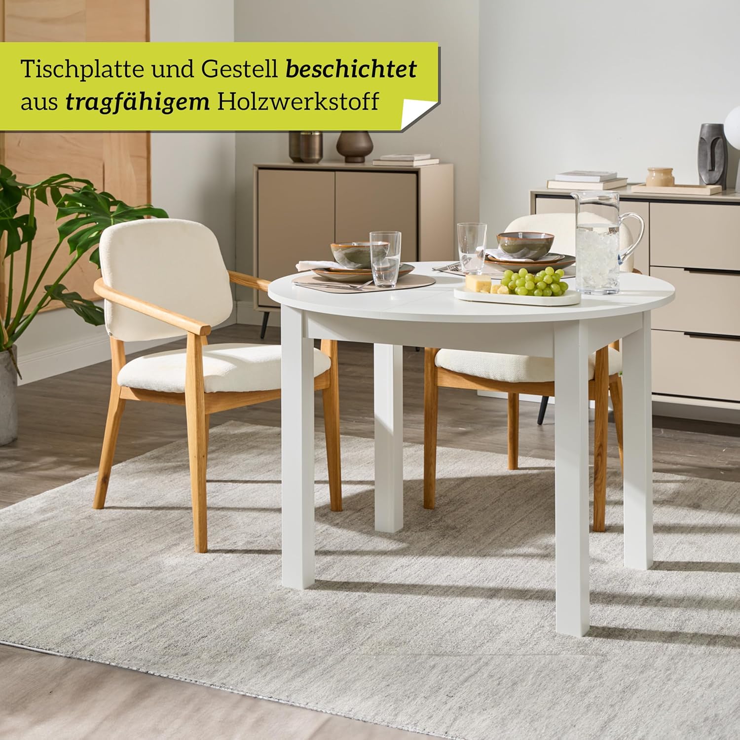 smart Esstisch Rund 100 cm Weiß, Küchentisch ausziehbar bis 140 cm, Esszimmertisch aus Holzwerkstoff inkl. erweiterbare Auszugsplatte, moderner Tisch für bis zu 6 Personen