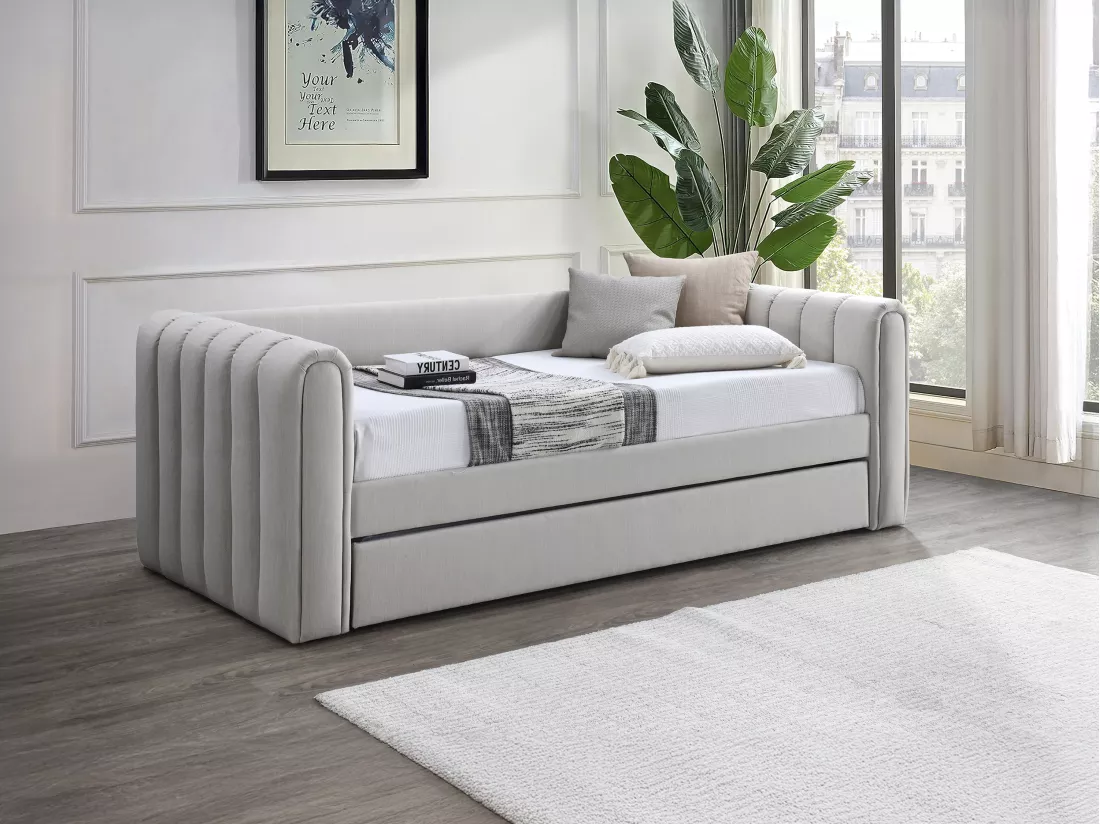 Lit gigogne 90 x 190 cm - Tissu - Beige - SAHONA