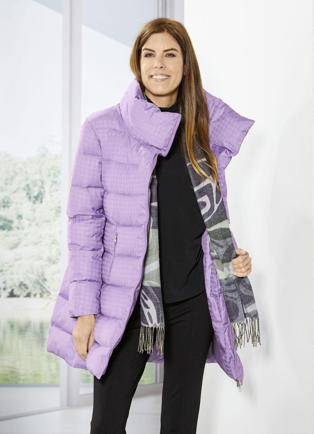Longjacke mit dezent glänzendem Hahnentritt-Dessin