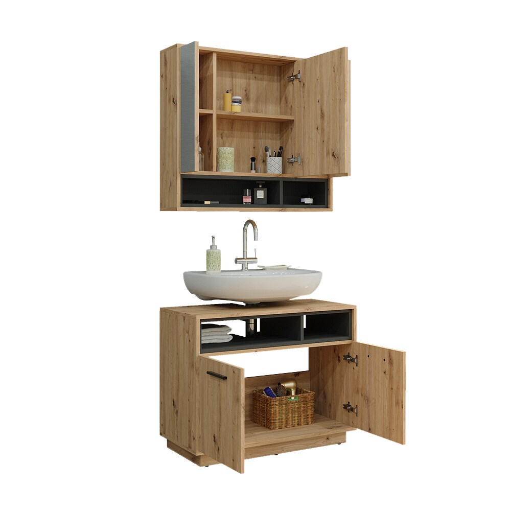 Vicco Badmöbel-Set Badezimmer-Möbel Bad-Schrank Beatrice Eiche Anthrazit modern Badezimmerschrank Waschtischunterschrank Spiegelschrank Schranktür Schrankfach
