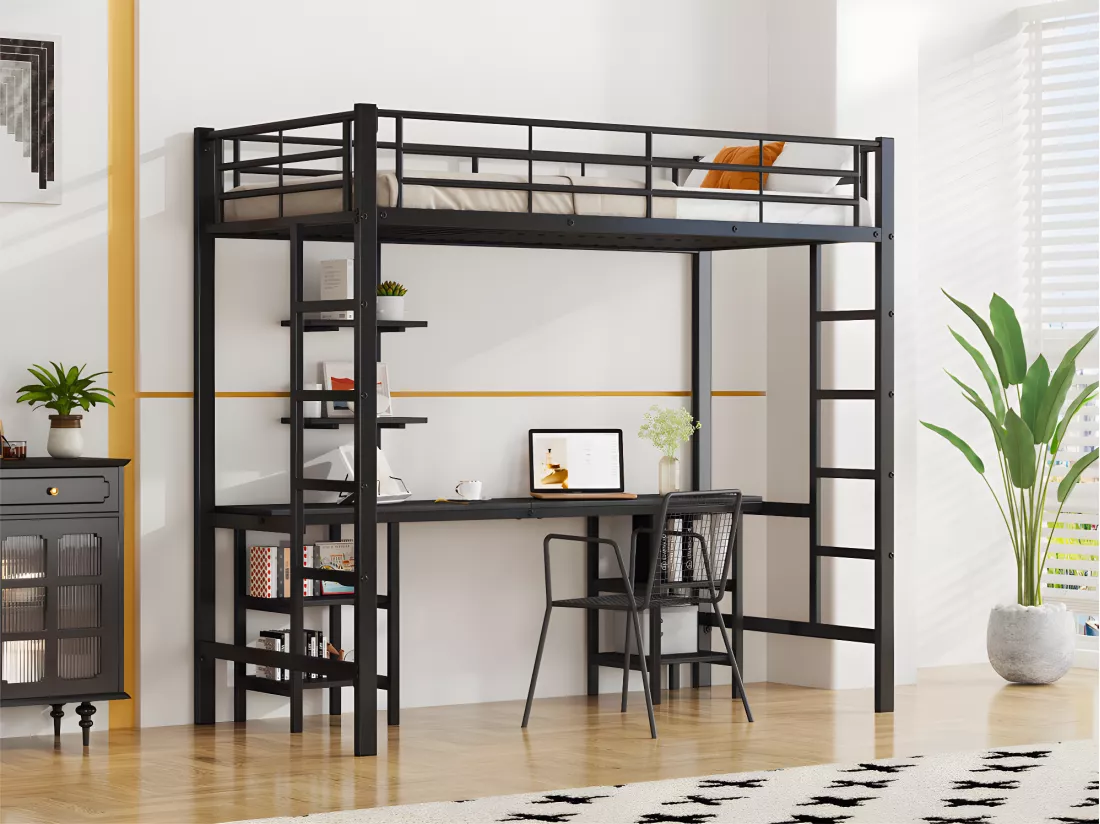 Lit mezzanine 90x200 cm - avec bureau et étagères - cadre en fer - Noir