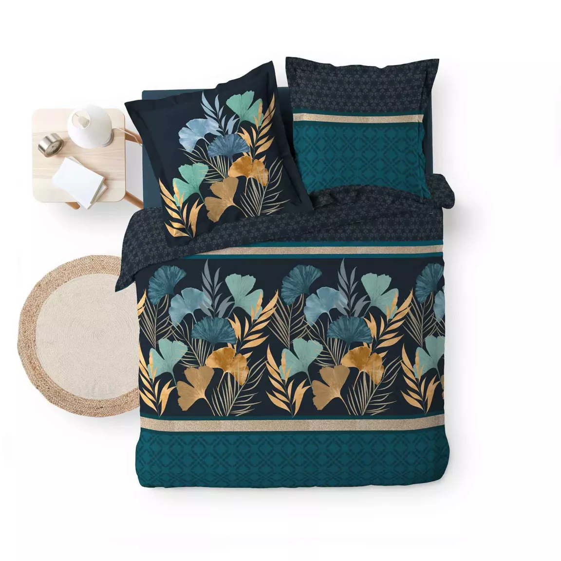 Housse de couette et deux taies percale de coton (240 x 220 cm) Blondy Bleue