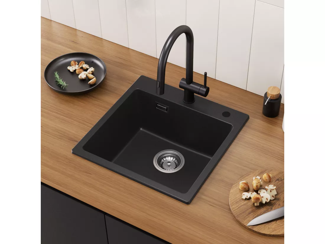 Cecipa max 45x45cm Evier Quartz Noir Evier 1 Bac en Quartz et Résine Evier de Cuisine + Robinet Cuisine Rabattable Mitigeur de Evier Repliable Brossé