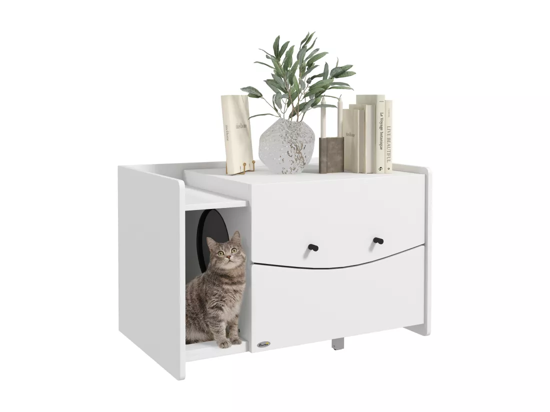 Maison de toilette pour chat - meuble cache litière - compartiment coulissant, aérations, tapis de fuite - blanc