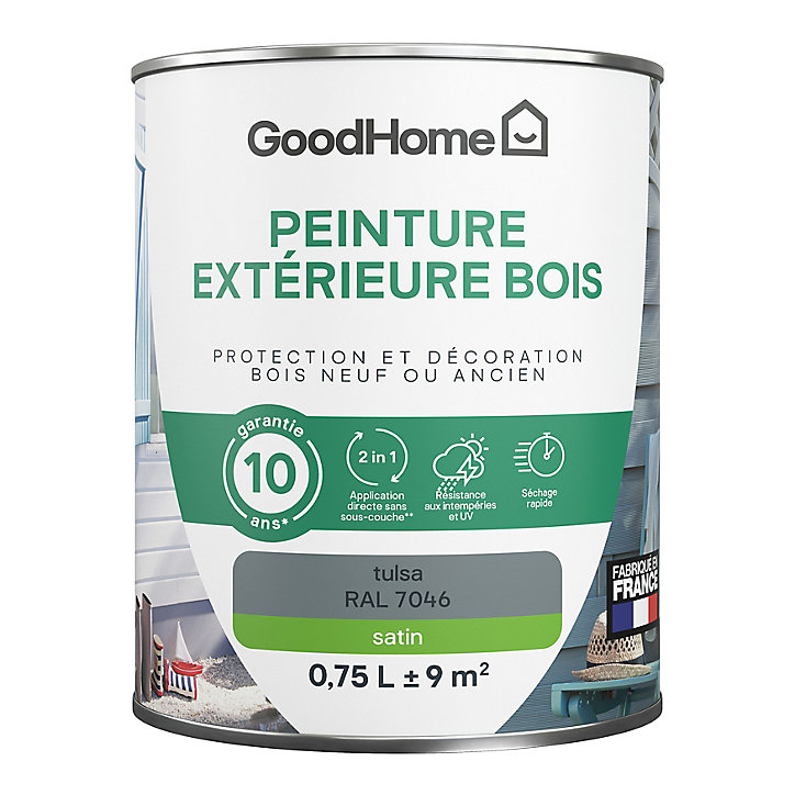 Peinture extérieure bois GoodHome Tulsa gris satin 0.75L