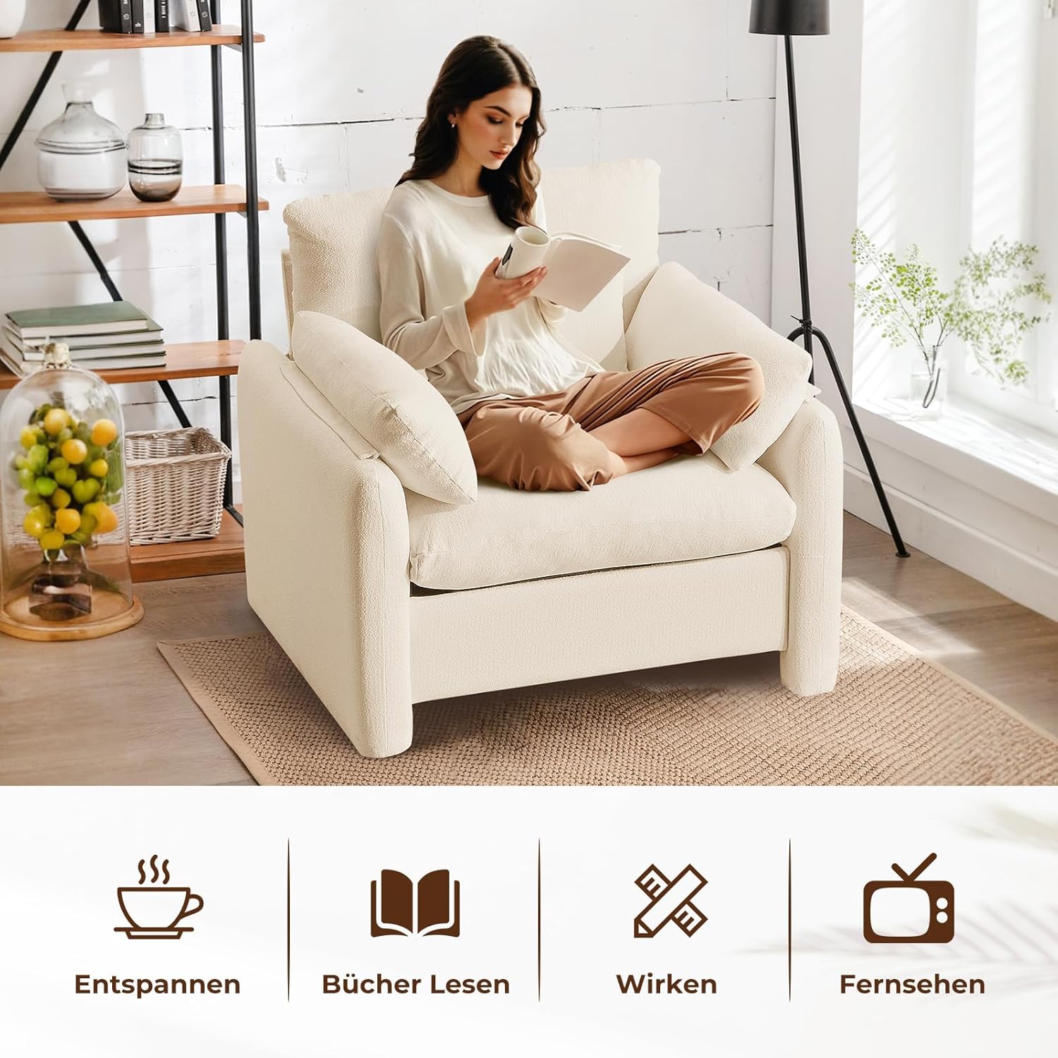Extragroß Ohrensessel Sessel Wohnzimmer, 93.5cm Polstersessel Fernsehsessel Einzelsofa mit Abnehmbares Armlehne & Wurfkissen, Einzelsofa Lesesessel für Wohnzimmer Schlafzimmer, Beige