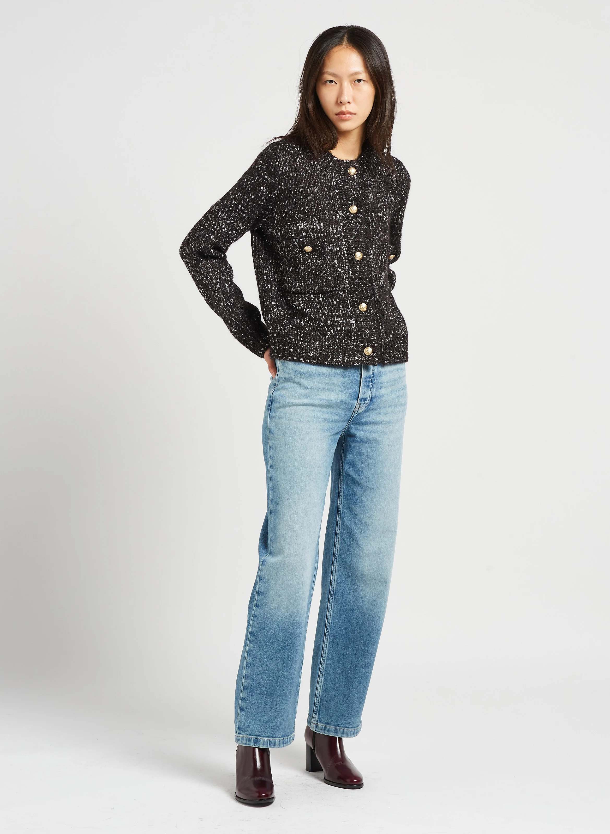 Jean droit taille haute en coton mélangé | Bleu