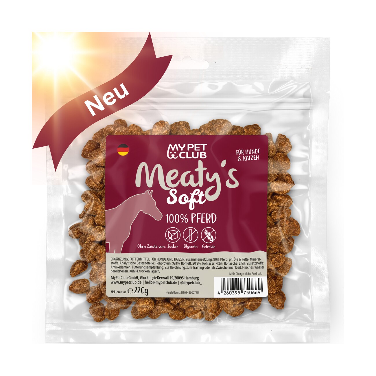 MyPetClub Meaty's Hunde & Katzen Leckerli Pferd getreidefrei Softsnack 220g