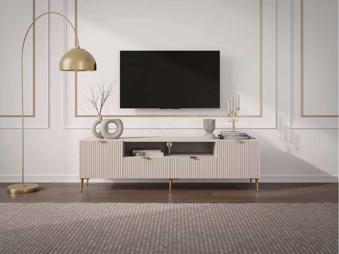 Meuble TV avec 2 portes, 2 tiroirs et 2 niches en MDF et acier - Beige et Doré - YESINIA
