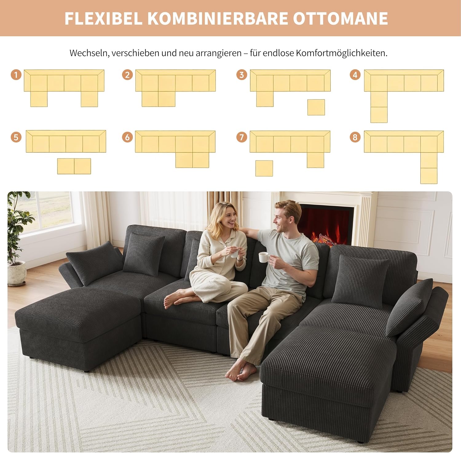Merax Ecksofa modulares U-förmiges Sofa mit multifunktionalem Fußhocker (L/U-Form), verstellbaren Armlehnen, Cordstoff, 4-Sitzer Couch für Wohnzimmer/Schlafzimmer, Grau