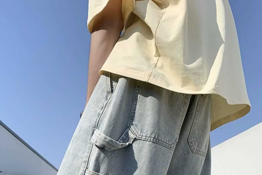 Oakjam - Cargoshorts met wijde pijpen en een trekkoord in de taille van gewassen denim