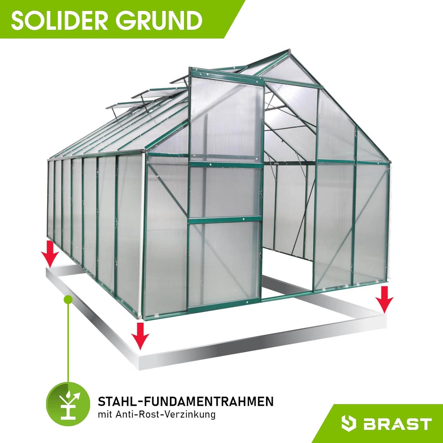 BRAST Gewächshaus Aluminium mit Fundament | 42 Modelle | 130x190x195cm - 490x250x235cm | TÜV geprüft | 6mm Hohlkammerplatten | rostfrei wetterfest temperaturbeständig | 430x250x205cm Grün