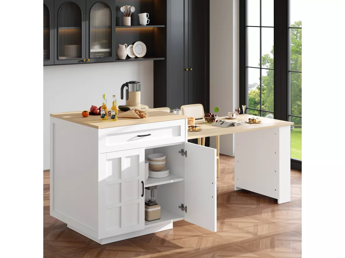 Ilot central de cuisine, table à manger 4 à 6 couverts - 2 tiroirs, 2 portes et étagères - 133/202 x 70 x 93.5 cm - MDF - Blanc