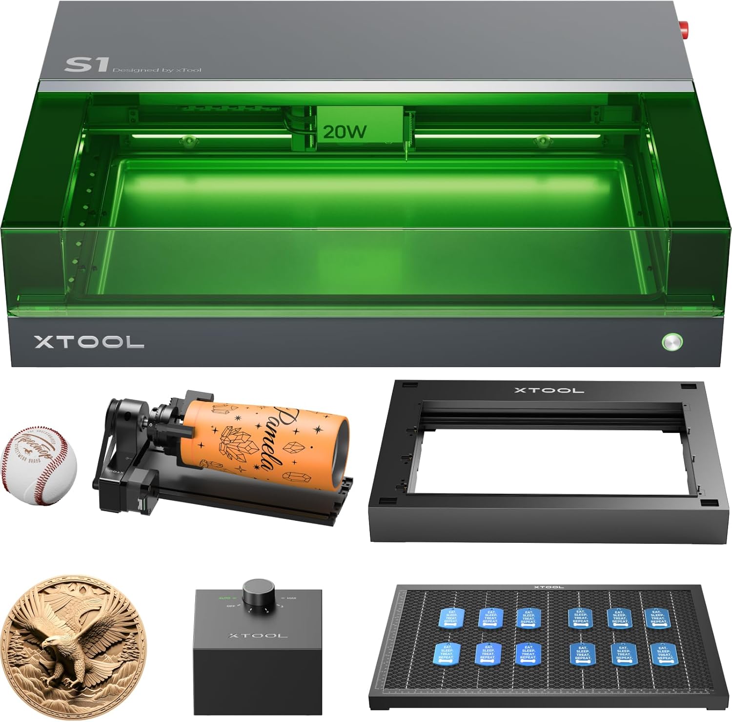 xTool S1 20W Laser Graviermaschine Deluxe Kit Geschlossene Sicherheit Laser Cutter, Pin Punkt Positionierung, Autofokus, 600mm/s Geschwindigkeit, 498 * 333mm Arbeitsbereich für Metall, Holz,