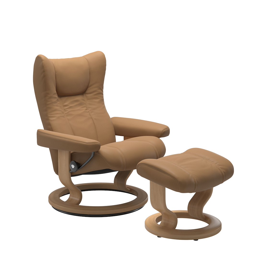 Wing (M) Classic lenestol med krakk Hud Paloma Spesial Taupe og Classic understell eik