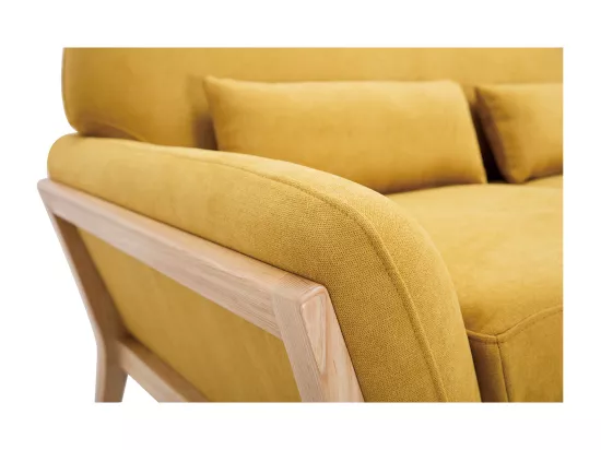 Canapé scandinave 2 places en tissu effet velours jaune moutarde et bois clair YOKO