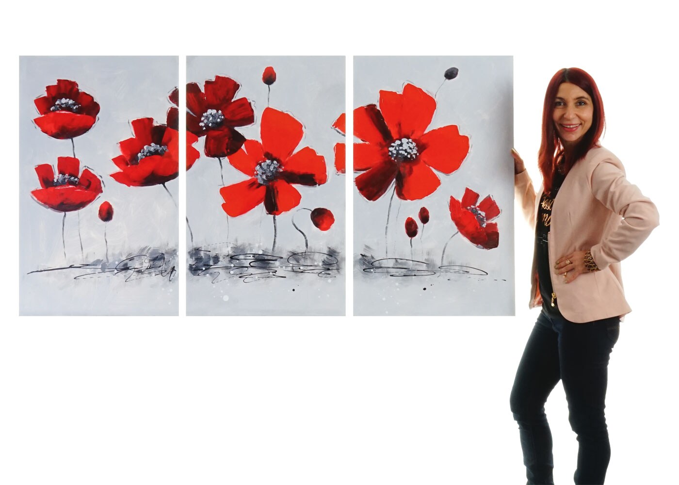 Wandbild Mohnblume, 100% handgemaltes Ölgemälde Gemälde XL, 165x90cm