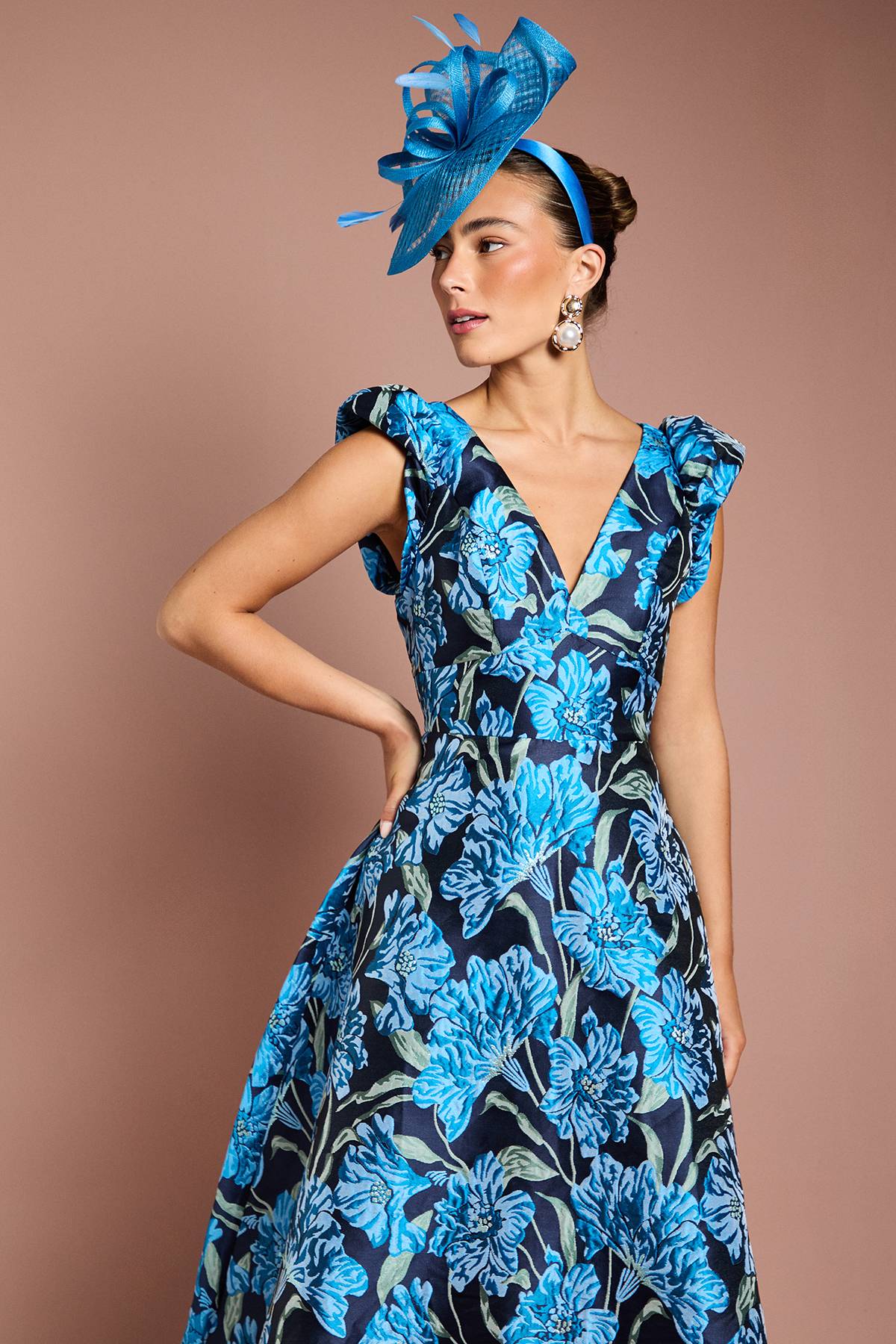 Coast Robe Midi à Col V en Jacquard Fleuri