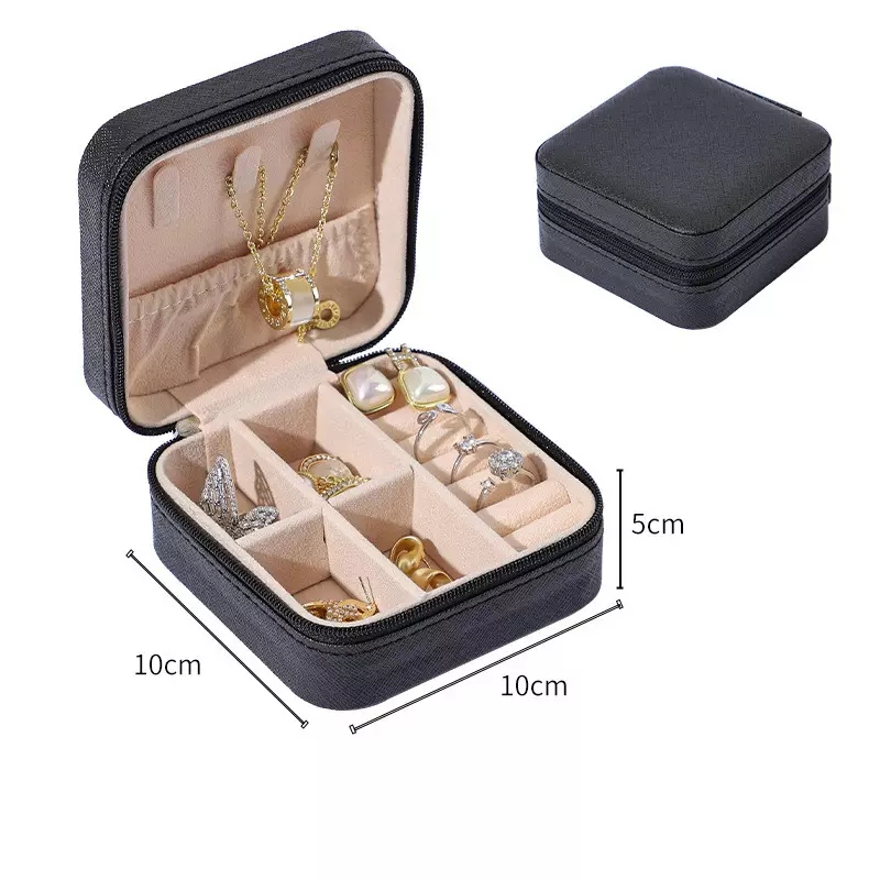 (10x10x5cm) Leder Schmuckschatulle Reise Aufbewahrungsbox Organizer für Ringe / Ohrringe / Armbänder - Schwarz